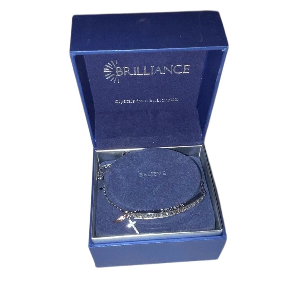 Brilliance “Believe” Cross Charm Bracelet Silver-Tone Adjustable Swarovski -NWB